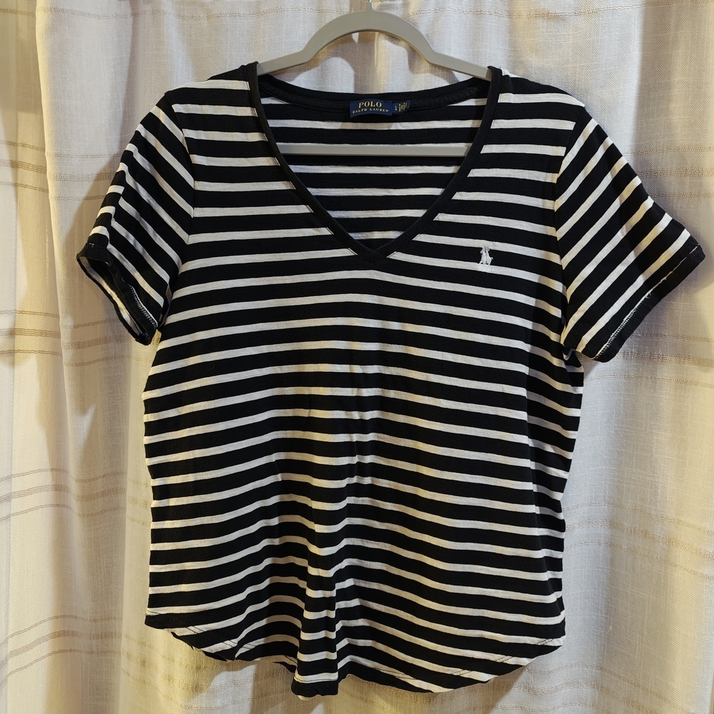 100% Cotton Polo by Ralph Lauren Women's Black and White Striped Tee